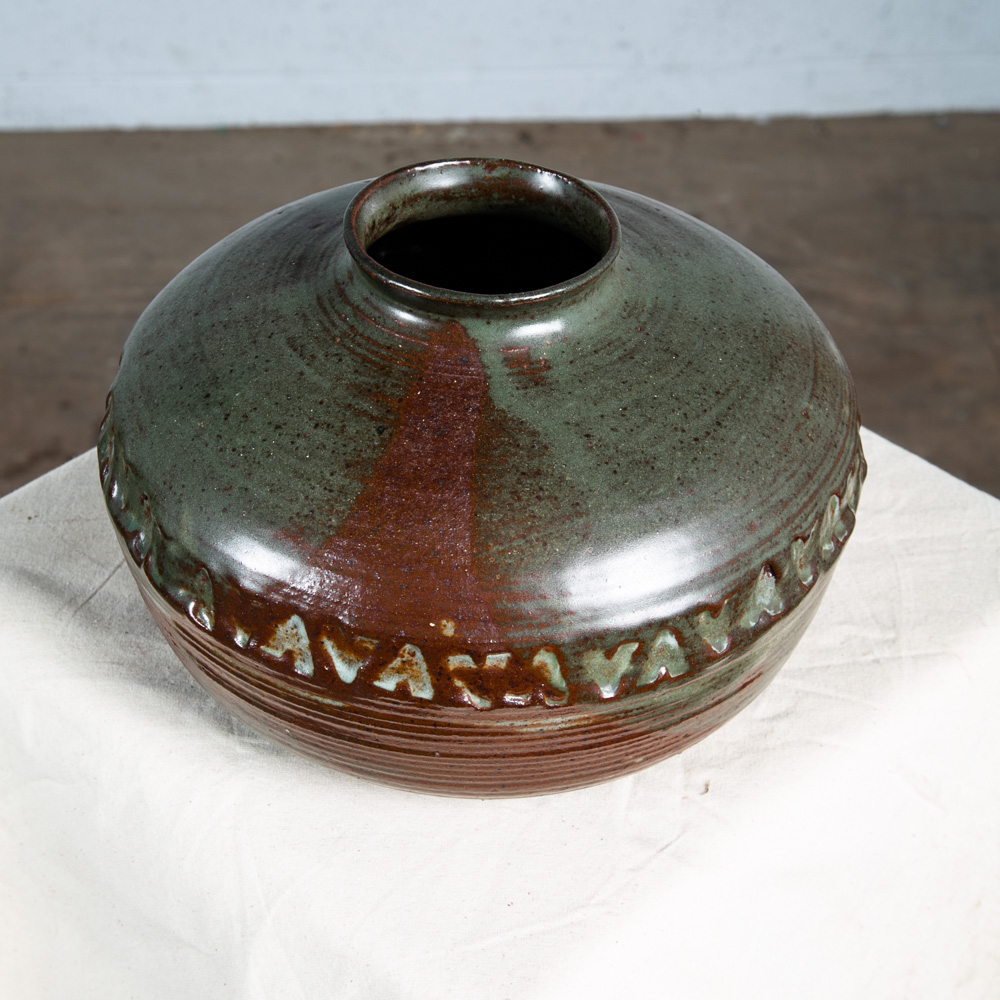 Mid Century Modern Weed Pot Ceramic Studio Signed Round Brown Grey 70s Bowl Mcm - Image 2