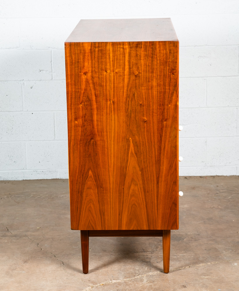 Mid Century Modern Highboy Dresser Drexel Declaration Kipp Stewart Walnut Chest White Knobs Drop Leaf - Image 4