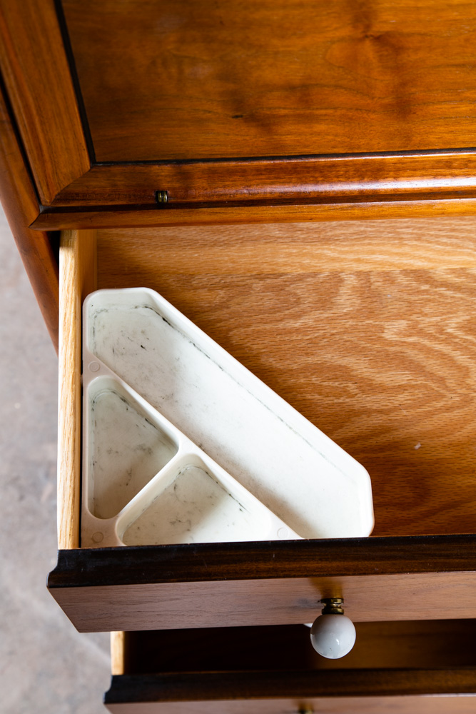 Mid Century Modern Highboy Dresser Drexel Declaration Kipp Stewart Walnut Chest White Knobs Drop Leaf - Image 12