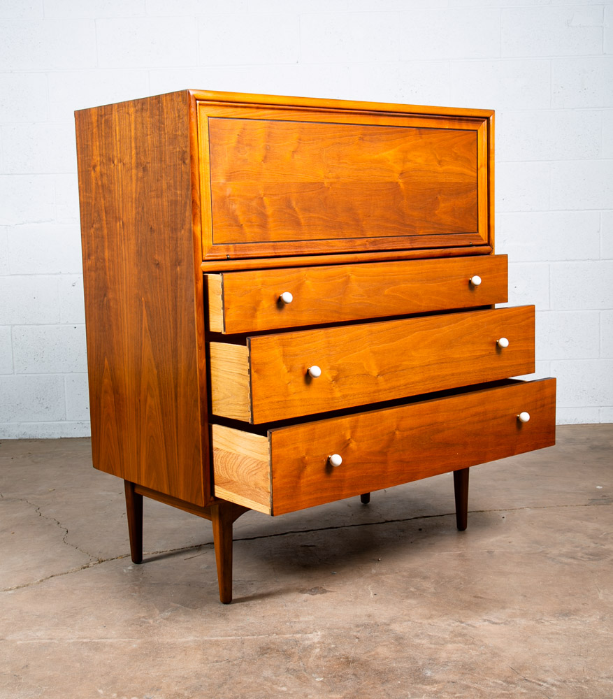 Mid Century Modern Highboy Dresser Drexel Declaration Kipp Stewart Walnut Chest White Knobs Drop Leaf - Image 5
