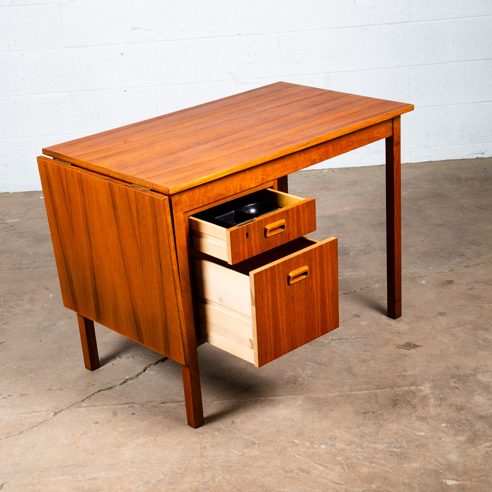 Mid Century Danish Modern Desk Drop Leaf Sliding Drawers Arne Vodder File Office Extension Leaf Teak Denmark - Image 9