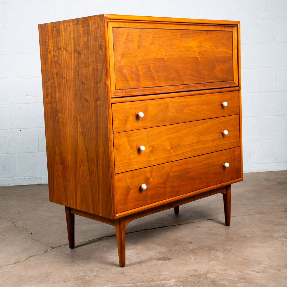 Mid Century Modern Highboy Dresser Drexel Declaration Kipp Stewart Walnut Chest White Knobs Drop Leaf