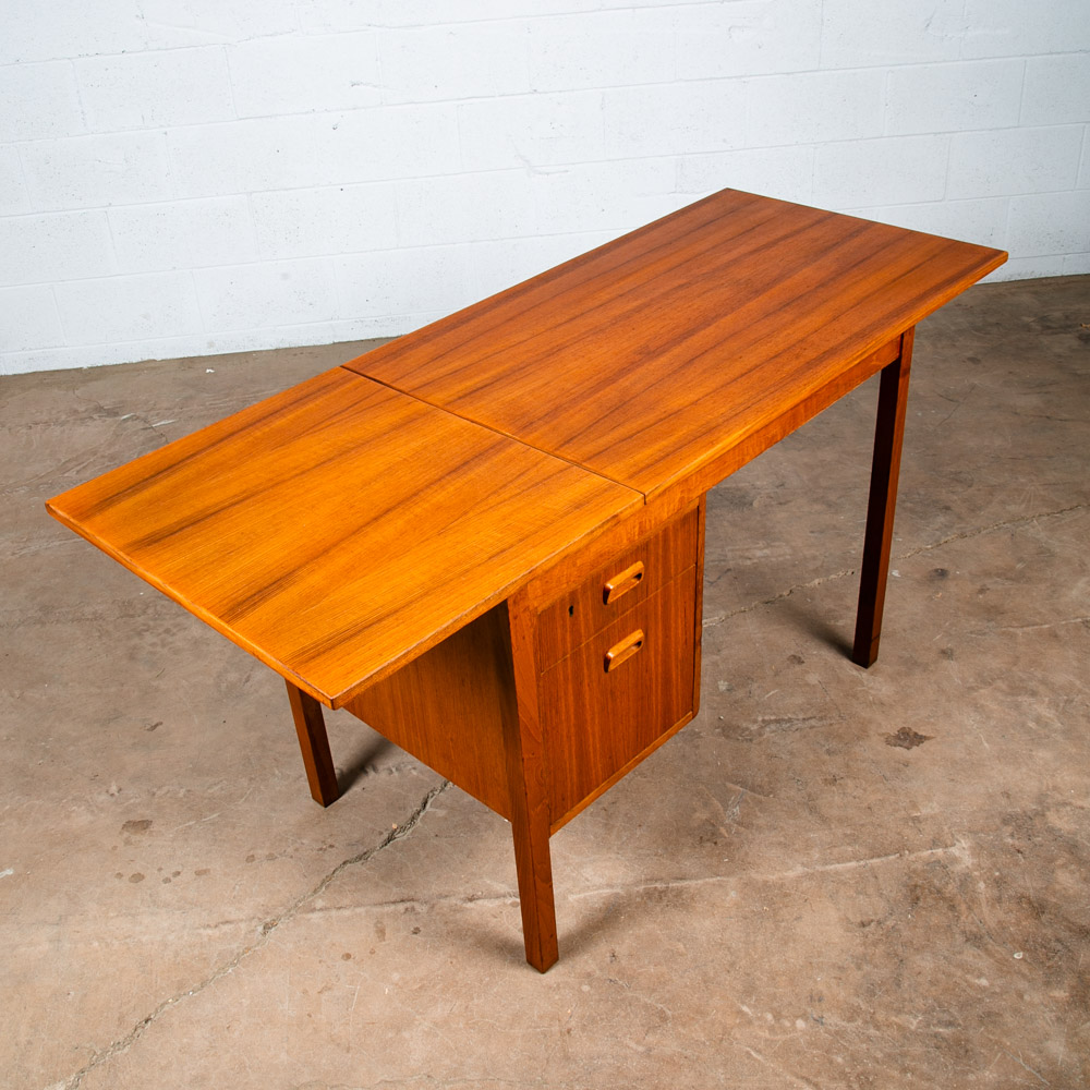 Mid Century Danish Modern Desk Drop Leaf Sliding Drawers Arne Vodder File Office Extension Leaf Teak Denmark - Image 4