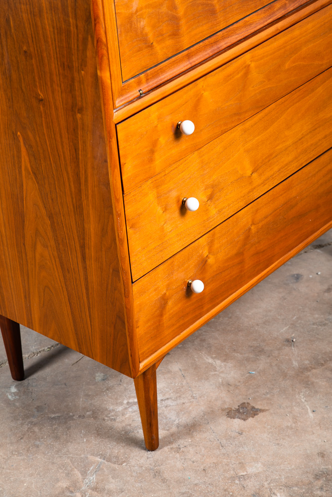 Mid Century Modern Highboy Dresser Drexel Declaration Kipp Stewart Walnut Chest White Knobs Drop Leaf - Image 8