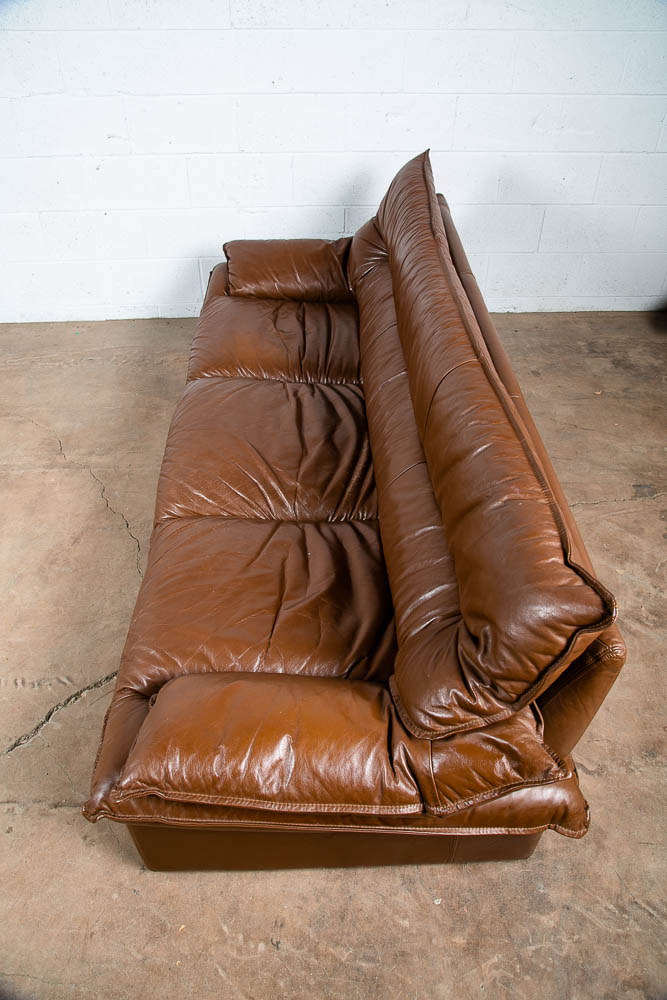 Mid Century Post Modern Leather Sofa Couch Settee Nicoletti Salotti Italy Brown - Image 4