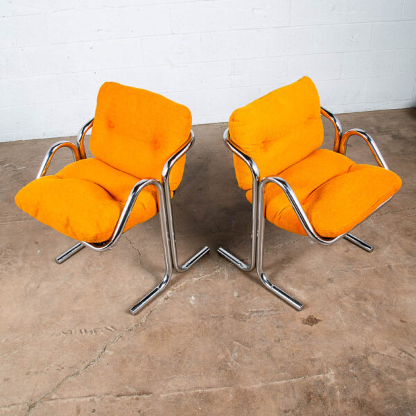 Mid Century Modern Lounge Chairs Chrome Orange Jerry Johnson Sling Pair Arcadia Armchair - Image 3