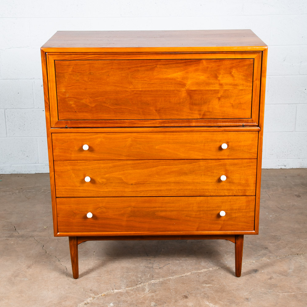 Mid Century Modern Highboy Dresser Drexel Declaration Kipp Stewart Walnut Chest White Knobs Drop Leaf - Image 7