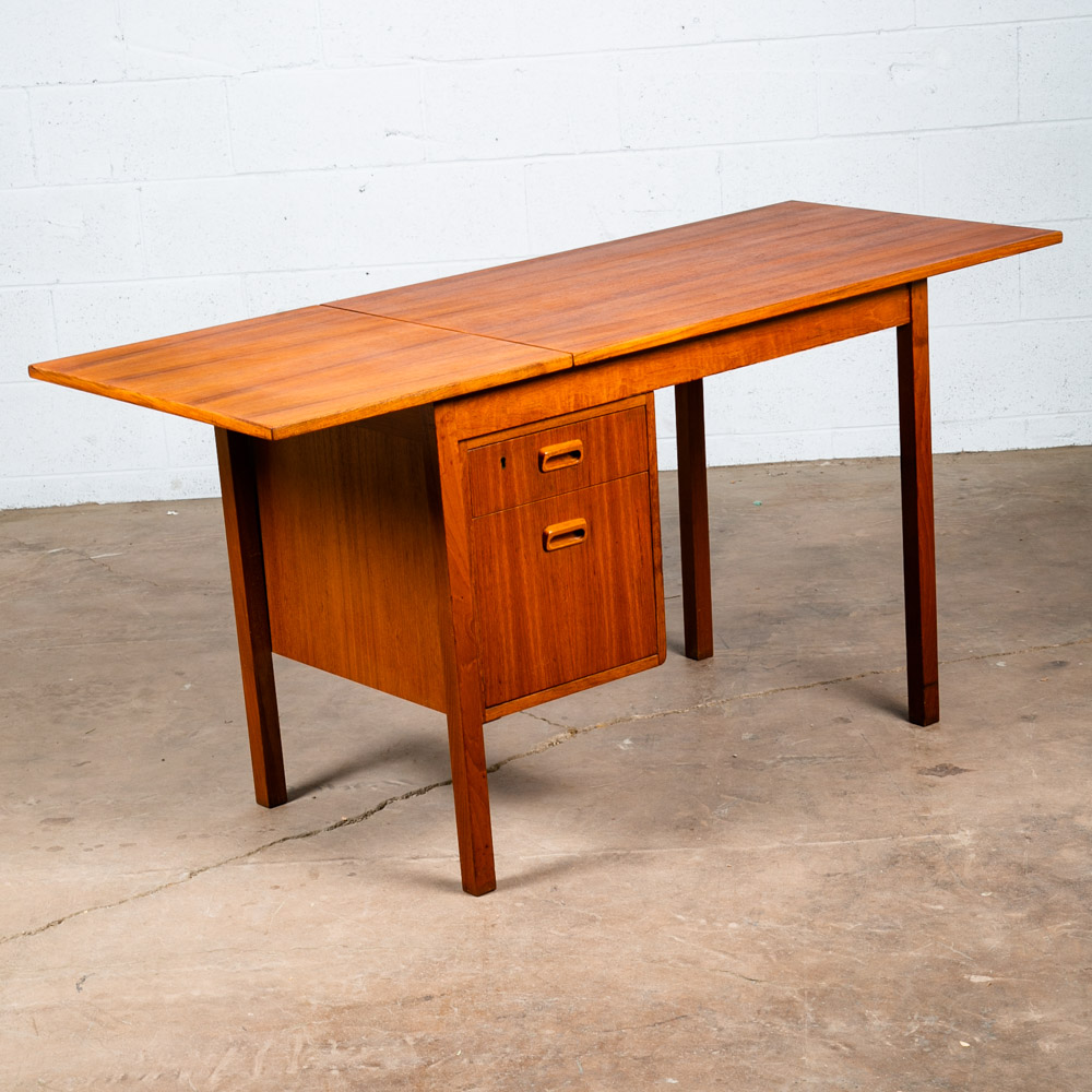 Mid Century Danish Modern Desk Drop Leaf Sliding Drawers Arne Vodder File Office Extension Leaf Teak Denmark - Image 2