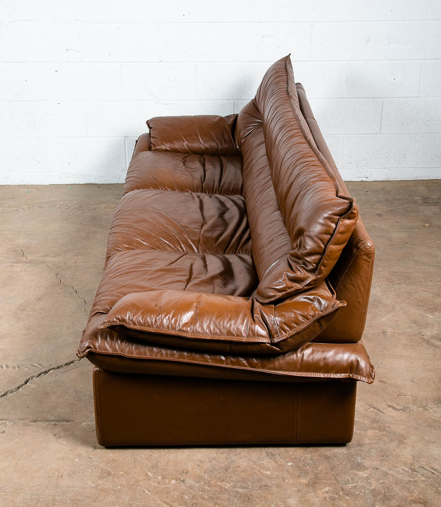 Mid Century Post Modern Leather Sofa Couch Settee Nicoletti Salotti Italy Brown - Image 3