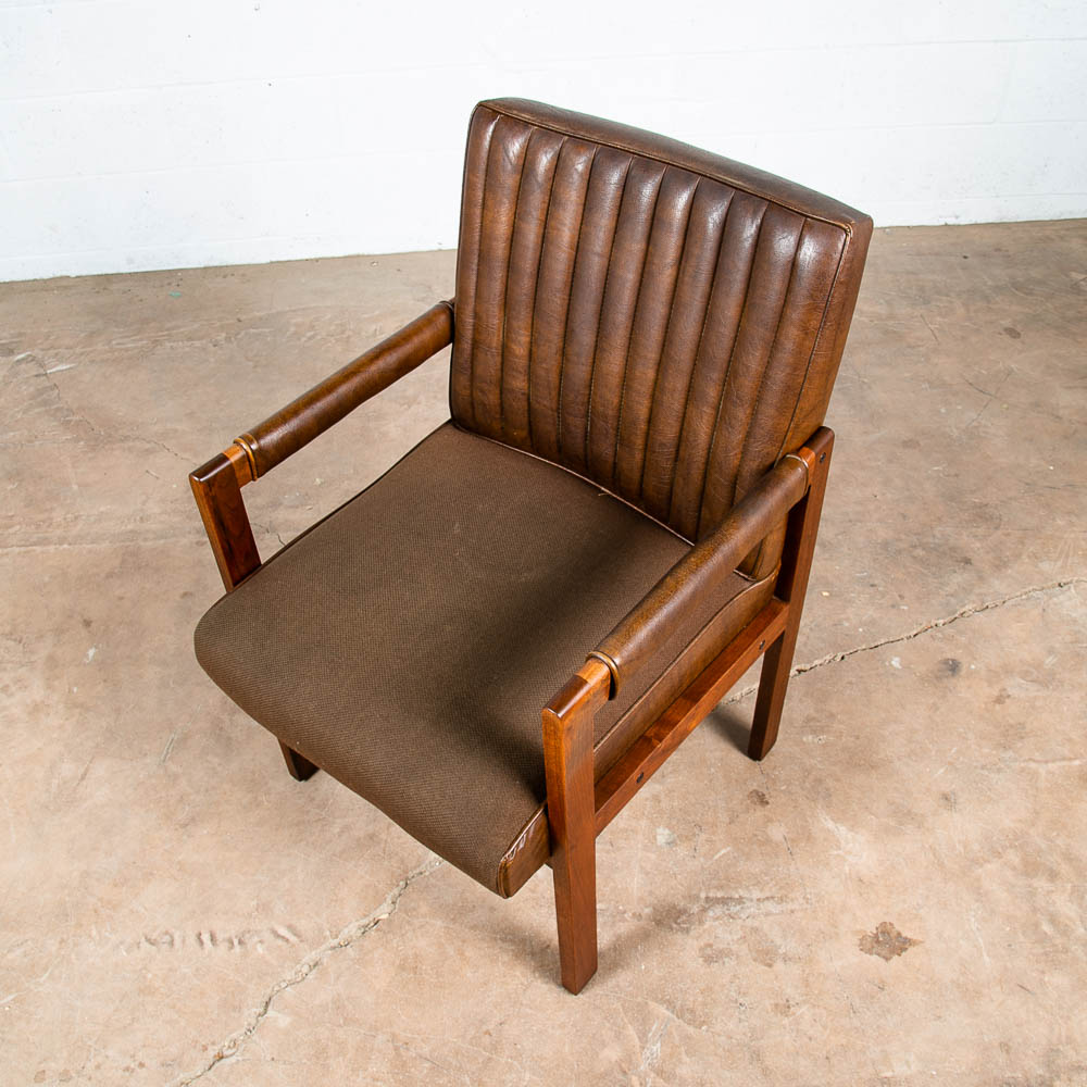 Mid Century Modern Lounge Chair Walnut Arms Brown Tufted Work Armchair Vintage - Image 5