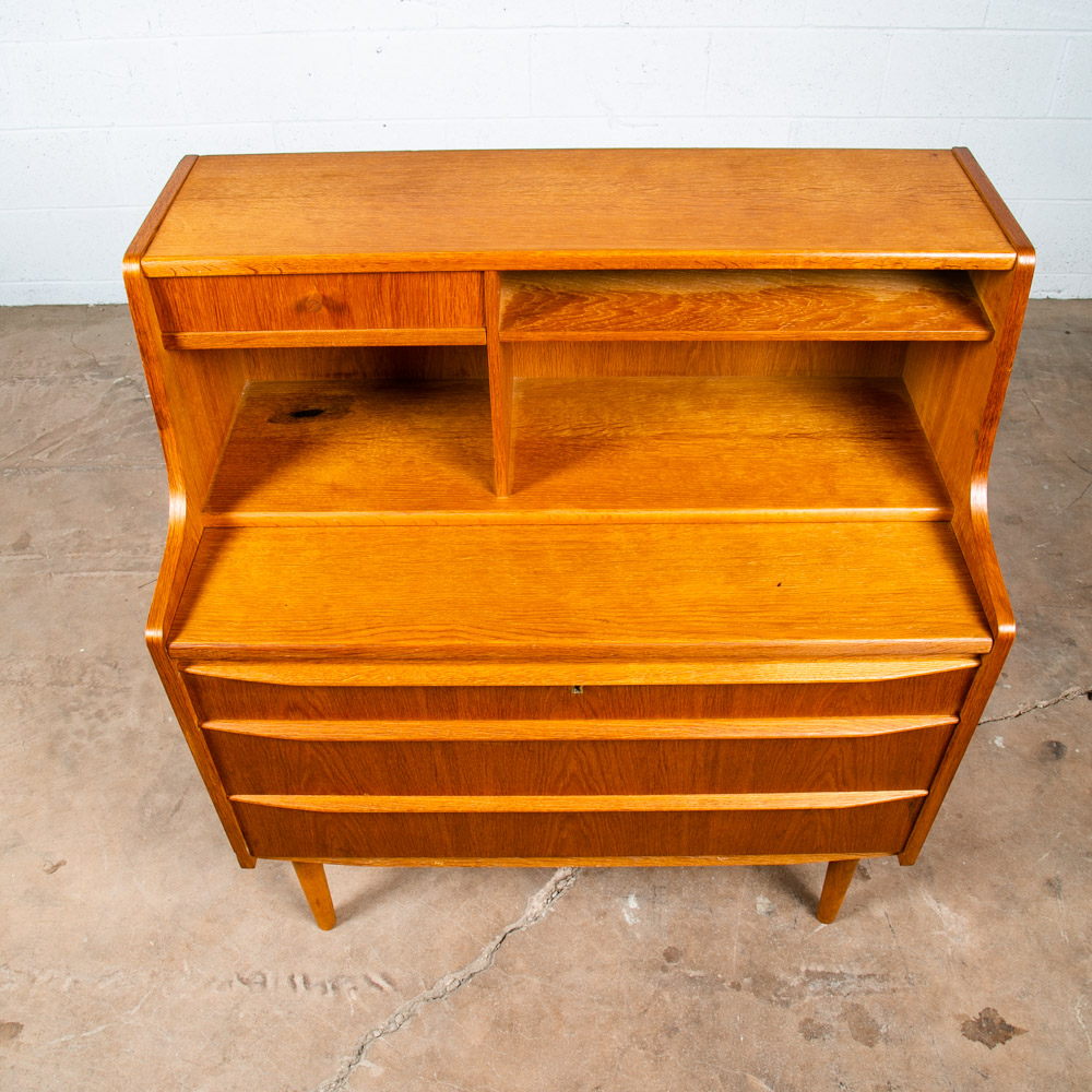 Mid Century Danish Modern Secretary Desk Oak Leaf Bureau Denmark Drawers Vanity - Image 6