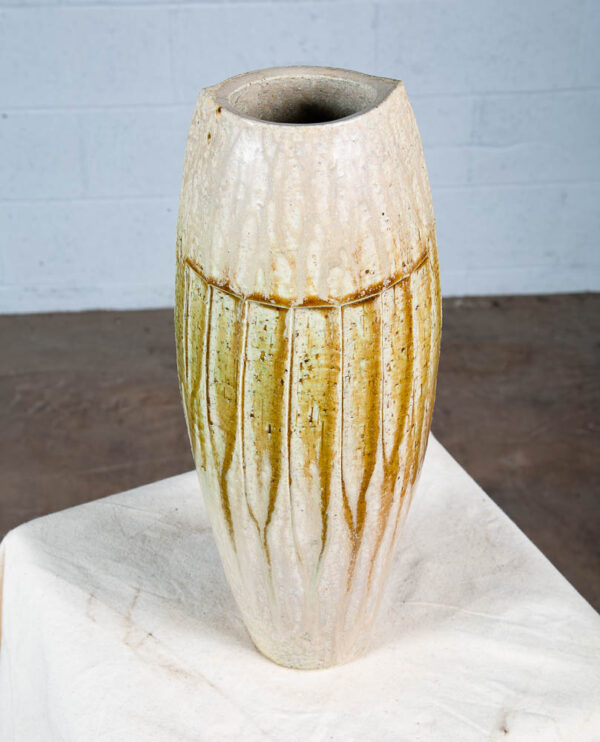 Mid Century Modern Ikebana Vase Pot Tan Yellow Tall Studio Ceramic Japanese NM