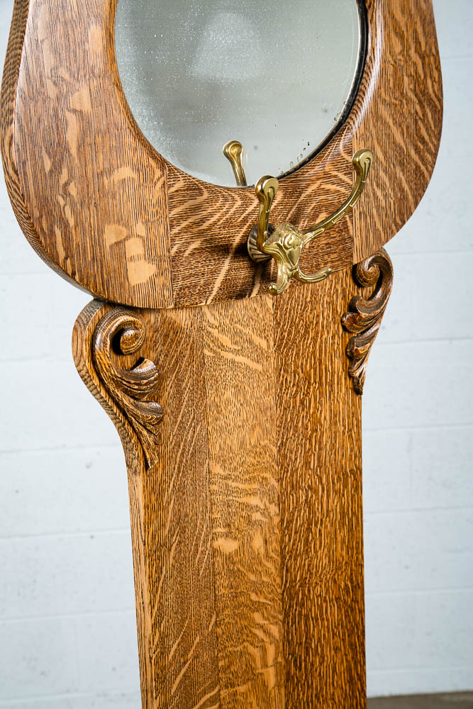 Antique Hall Tree Mirror Solid Tiger Oak Quarter Sawn Credenza Mirror Refinished - Image 10