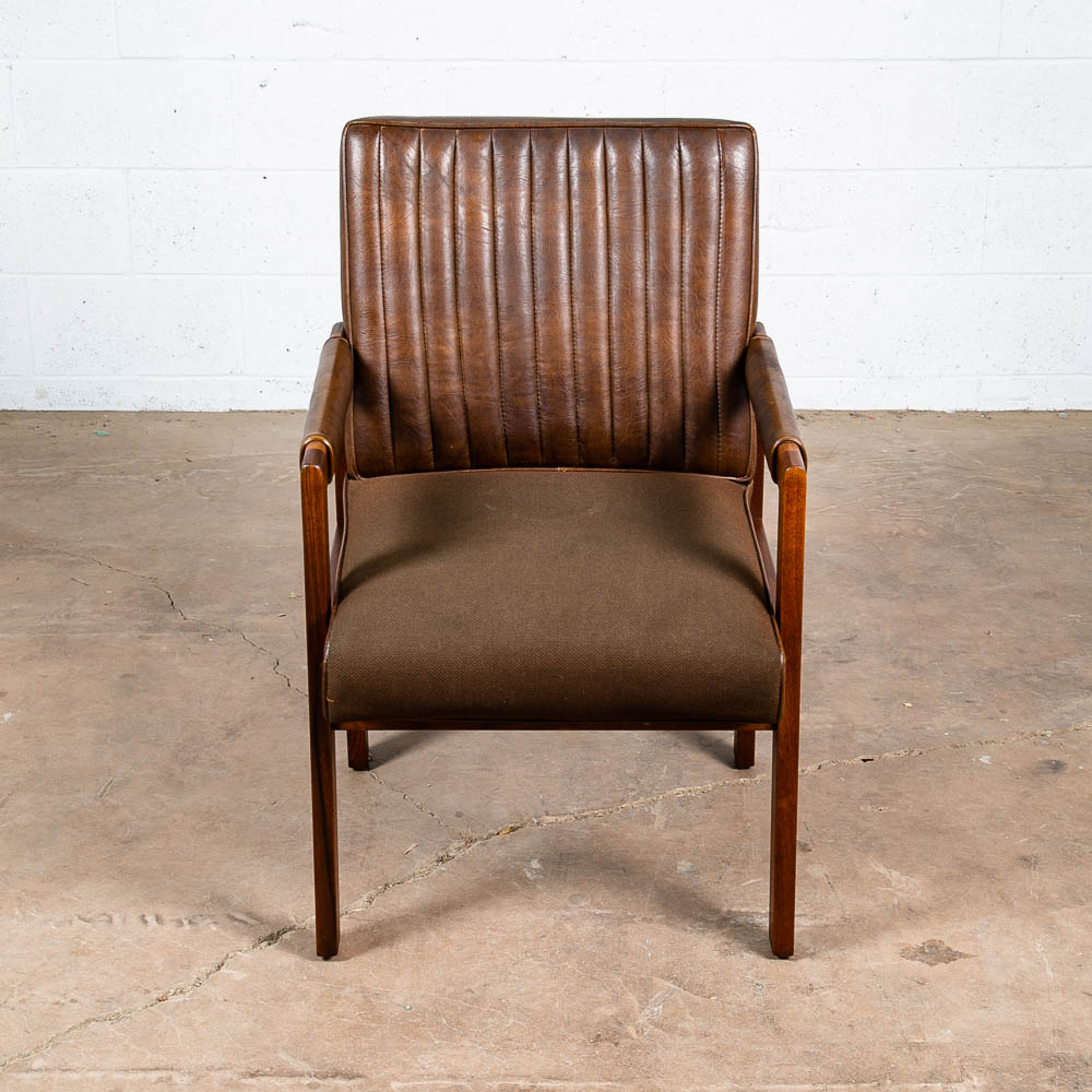Mid Century Modern Lounge Chair Walnut Arms Brown Tufted Work Armchair Vintage - Image 7