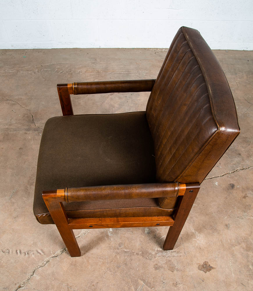 Mid Century Modern Lounge Chair Walnut Arms Brown Tufted Work Armchair Vintage - Image 6