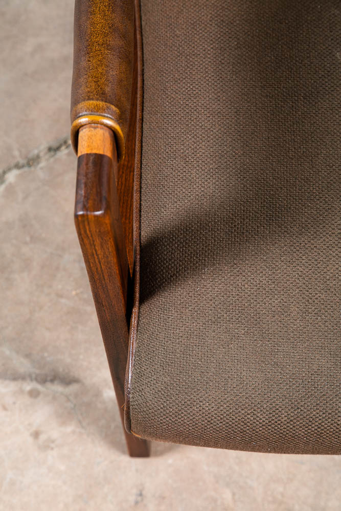 Mid Century Modern Lounge Chair Walnut Arms Brown Tufted Work Armchair Vintage - Image 11