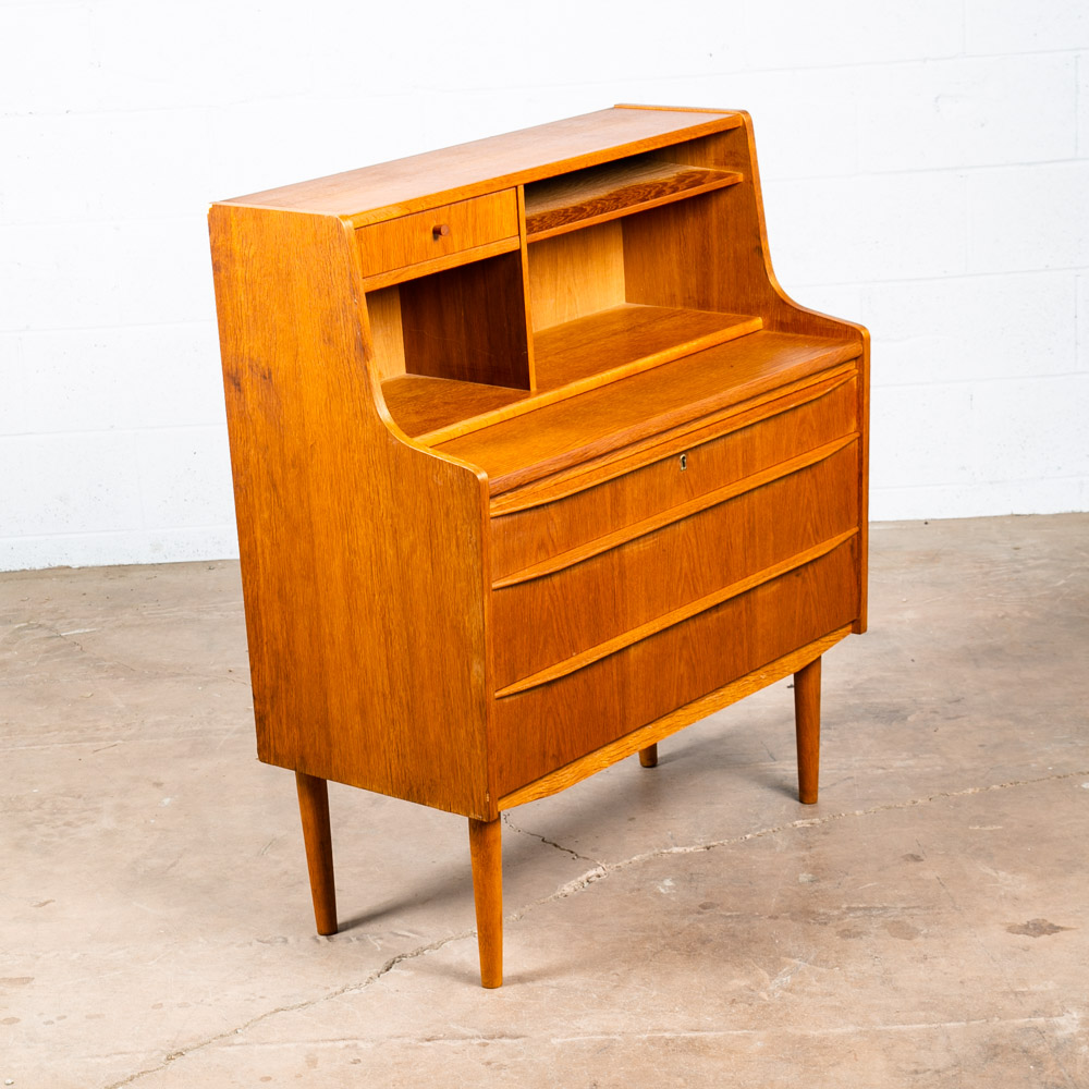 Mid Century Danish Modern Secretary Desk Oak Leaf Bureau Denmark Drawers Vanity - Image 2