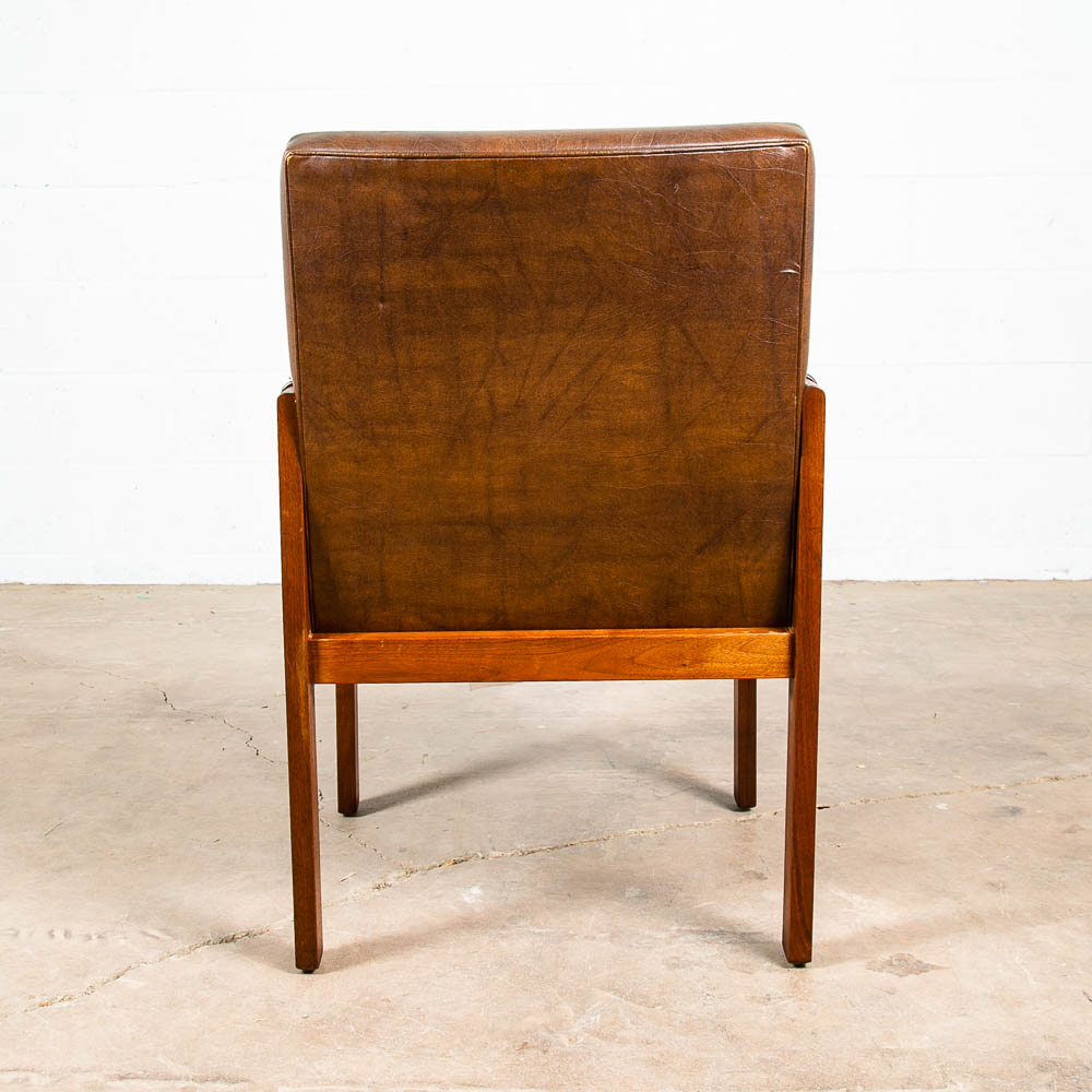 Mid Century Modern Lounge Chair Walnut Arms Brown Tufted Work Armchair Vintage - Image 4