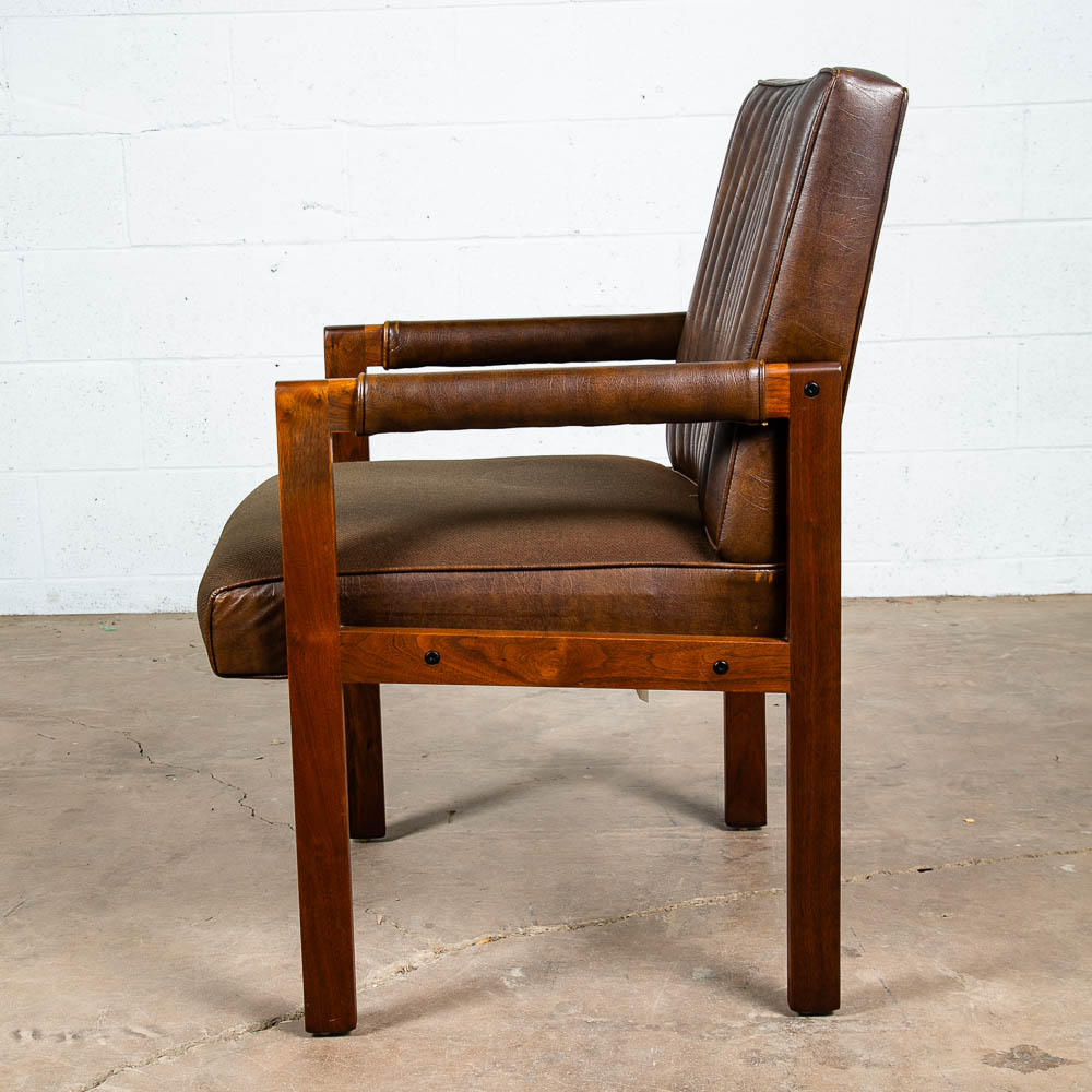 Mid Century Modern Lounge Chair Walnut Arms Brown Tufted Work Armchair Vintage - Image 3