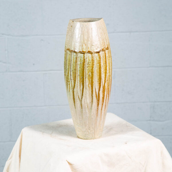 Mid Century Modern Ikebana Vase Pot Tan Yellow Tall Studio Ceramic Japanese NM - Image 6