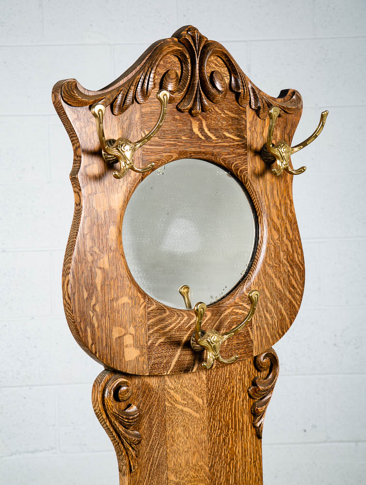 Antique Hall Tree Mirror Solid Tiger Oak Quarter Sawn Credenza Mirror Refinished - Image 7