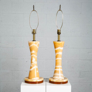 Mid Century Modern Table Lamp Set Pair Tall Cream Tan Alabaster Stone Round 2