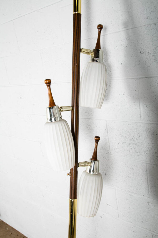 Mid Century Modern Floor Lamp Tension Pole 3 Light White Milk Glass Mcm Brass M - Image 7