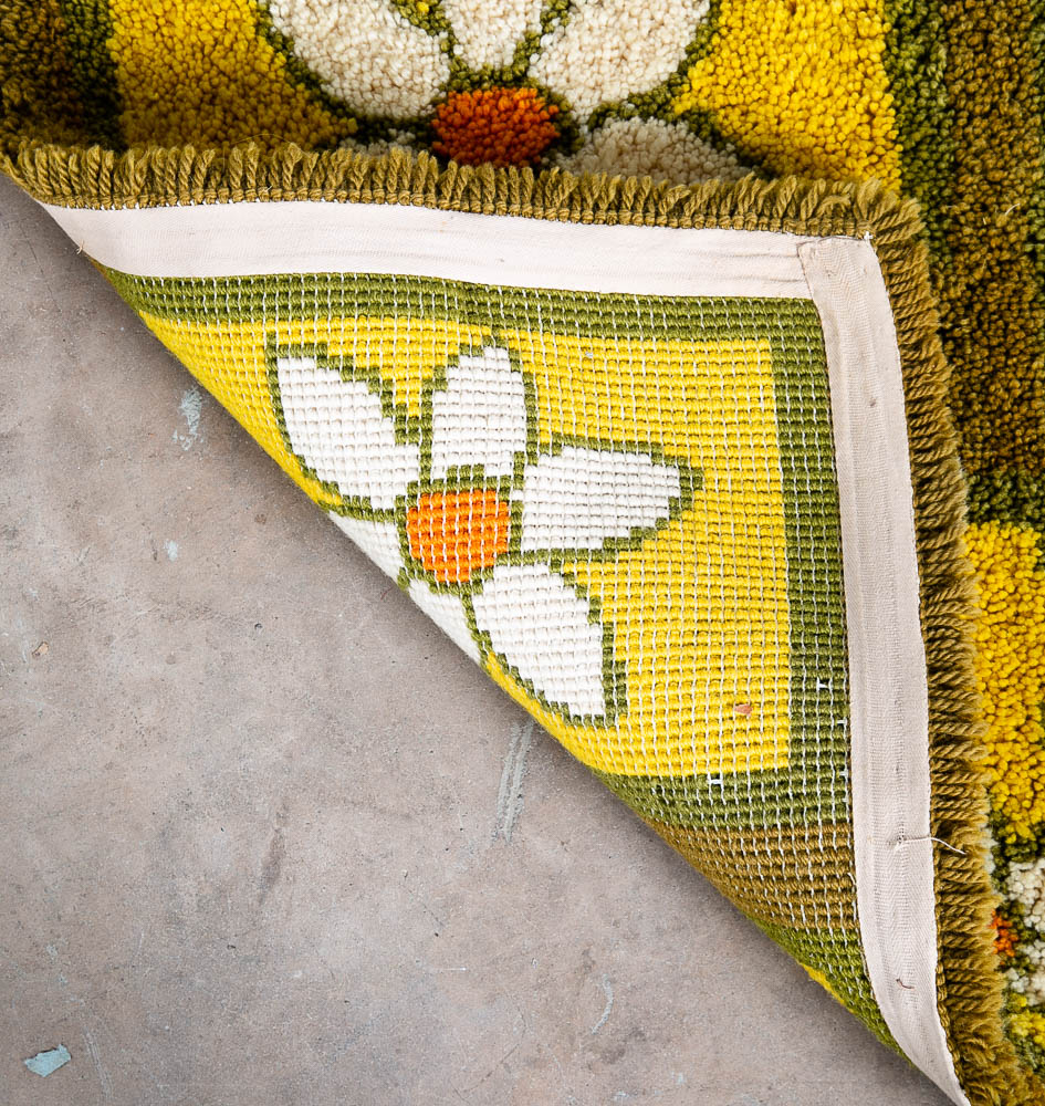 Mid Century Modern Shag Rug Floral Abstract Groovy Yellow Green White 42" Square - Image 11