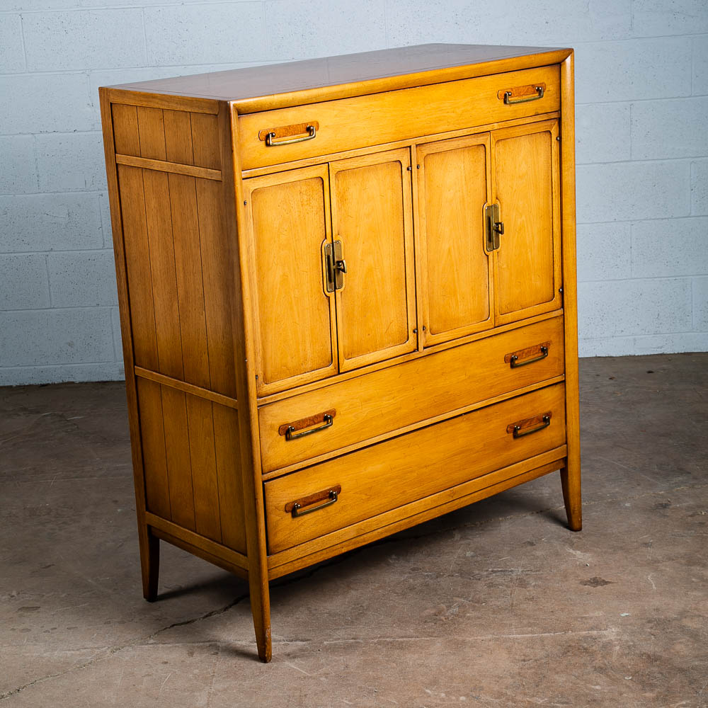 Mid Century Modern Dresser Highboy Drexel Bleached Walnut Burl Vintage 5 Drawer
