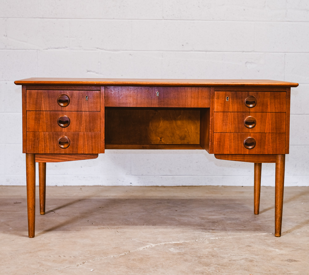 Mid Century Danish Modern Desk Executive Teak 7 Drawer Bookshelf Floating Doors - Image 2