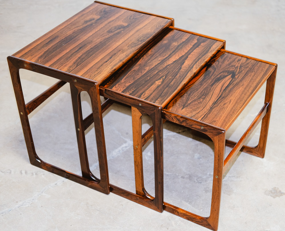 Mid Century Danish Modern Nesting Tables Brazilian Rosewood Set 3 Denmark Sled