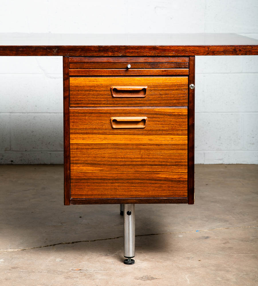 Mid Century Danish Modern Desk Executive Brazilian Rosewood Metal 5 Drawer Mcm - Image 12