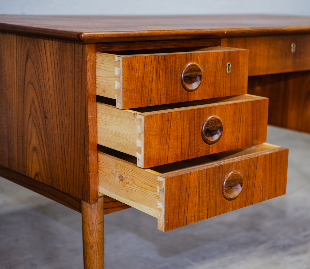 Mid Century Danish Modern Desk Executive Teak 7 Drawer Bookshelf Floating Doors - Image 8