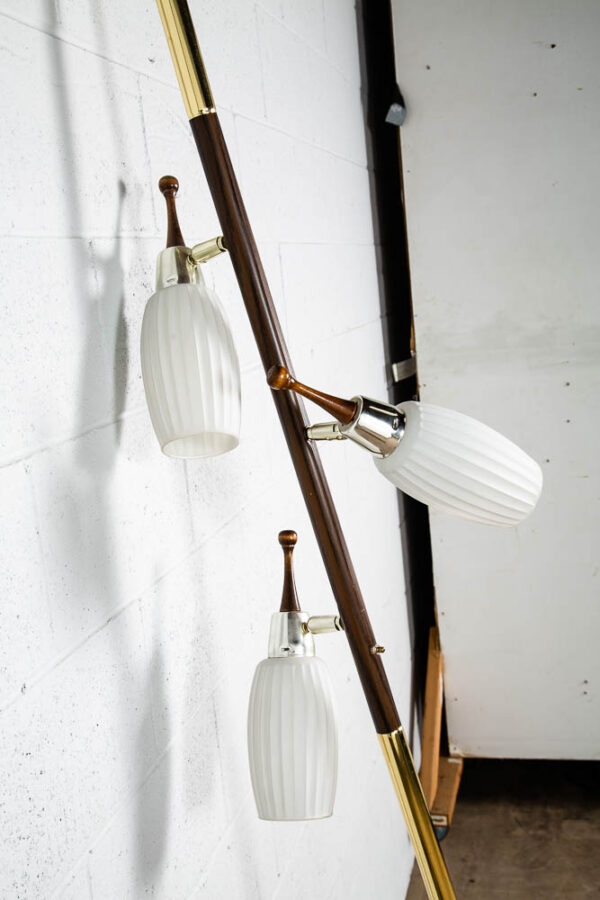 Mid Century Modern Floor Lamp Tension Pole 3 Light White Milk Glass Mcm Brass M - Image 11