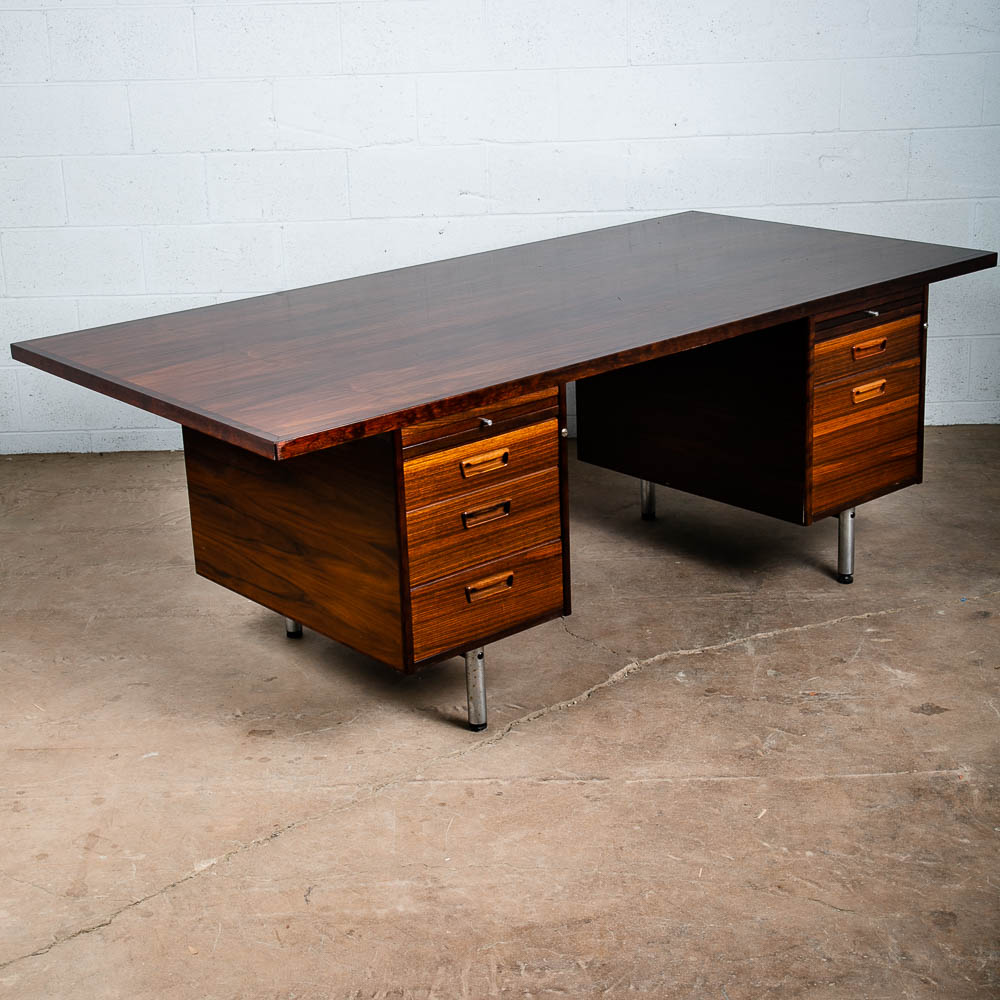 Mid Century Danish Modern Desk Executive Brazilian Rosewood Metal 5 Drawer Mcm