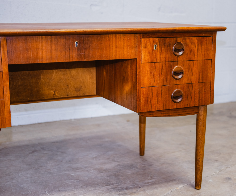 Mid Century Danish Modern Desk Executive Teak 7 Drawer Bookshelf Floating Doors - Image 7