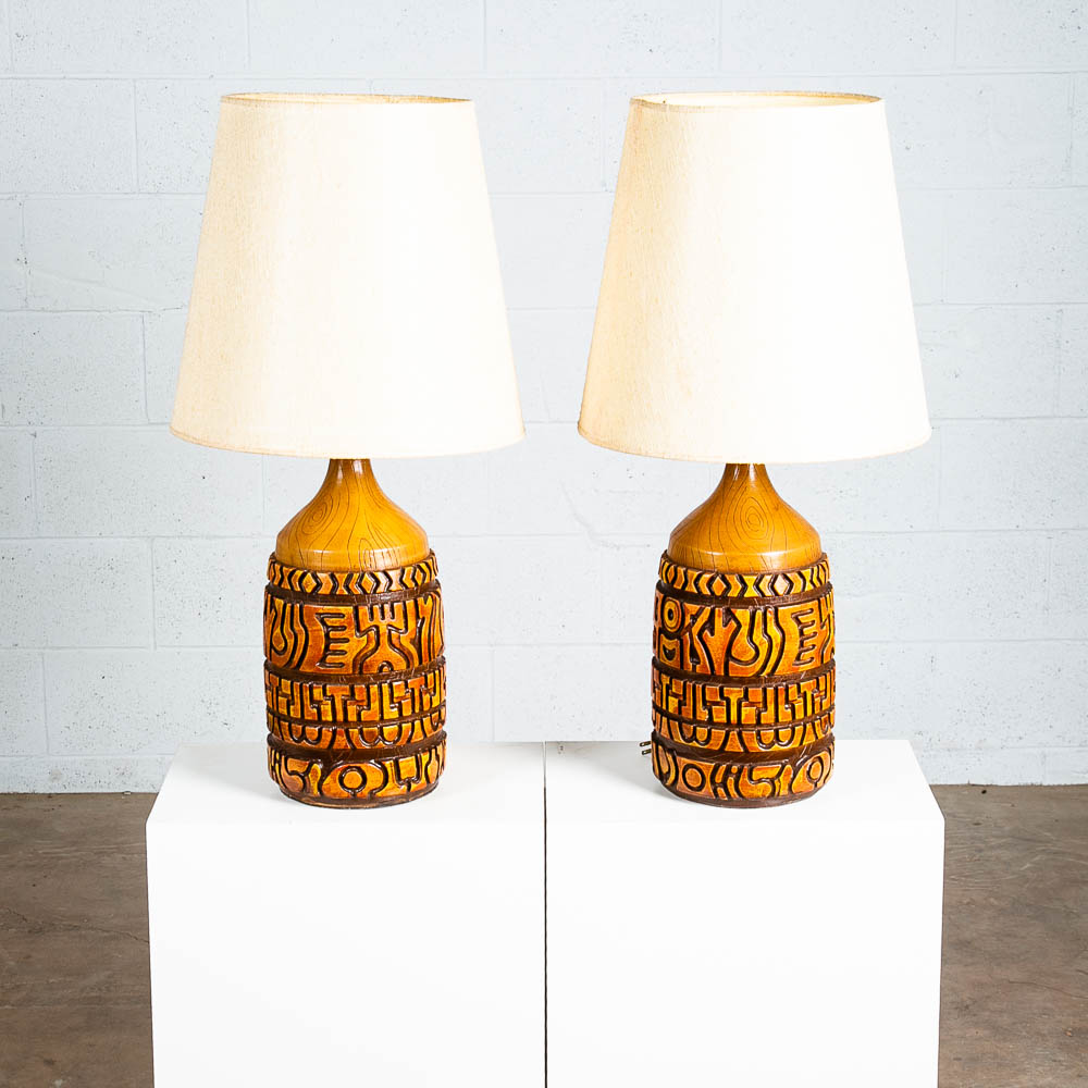 Mid Century Modern Table Lamp Set Pair Orange Brown Vintage Abstract Working 70s - Image 4