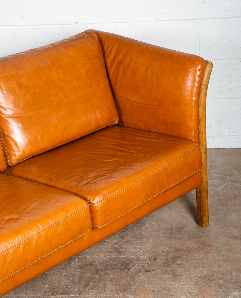 Mid Century Danish Modern Sofa 3 Seater Skalma Tan Leather Cognac Couch Oak Wood - Image 9