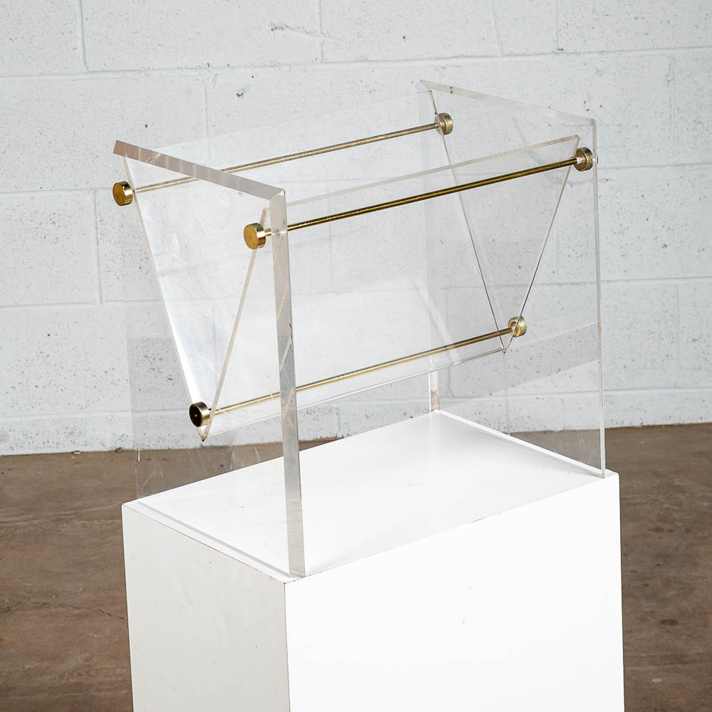 Mid Century Modern Magazine Holder Lucite Brass Modernist Gold Vintage Translucent