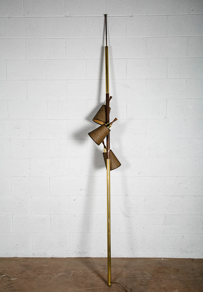 Mid Century Modern Floor Lamp Tension Pole 3 Light Wood Shades Mcm Brass M - Image 2