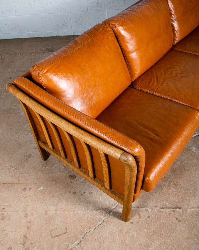 Mid Century Danish Modern Sofa 3 Seater Skalma Tan Leather Cognac Couch Oak Wood - Image 5