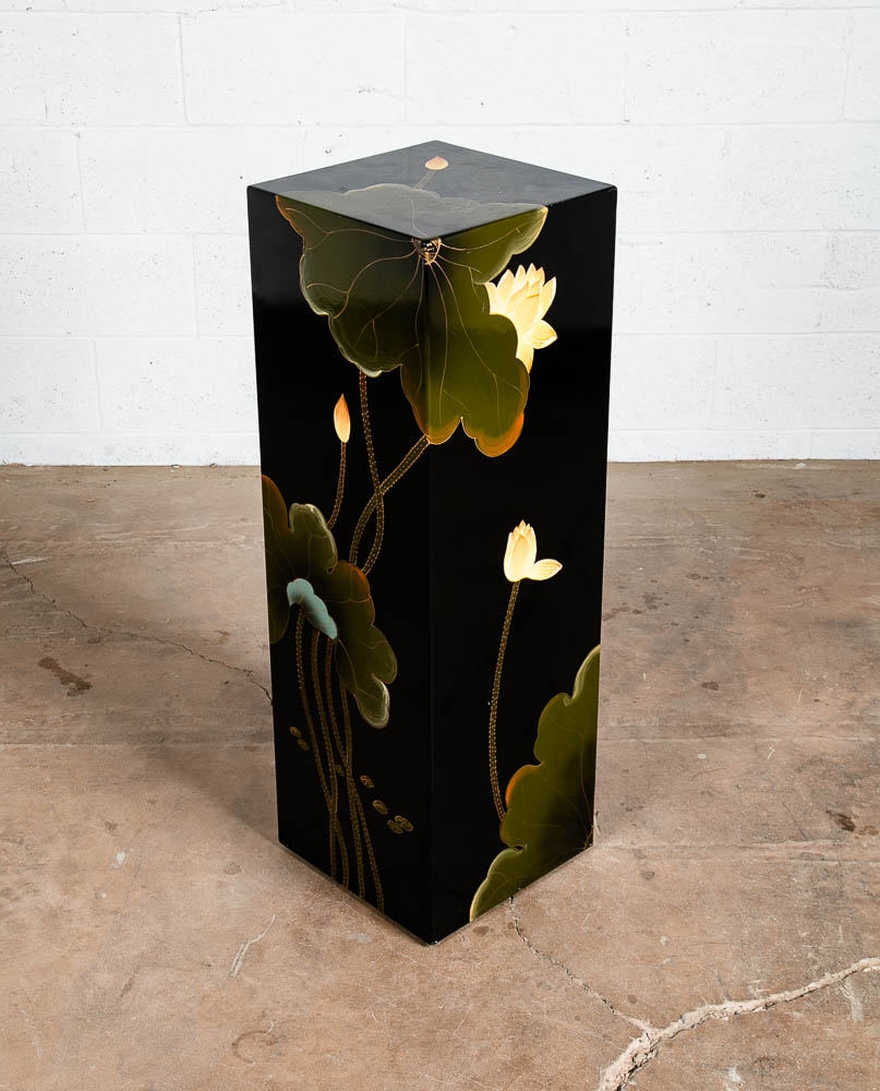 Mid Century Modern Pedestal Black Laquer Table Hand Painted Display Art Asian NM - Image 3