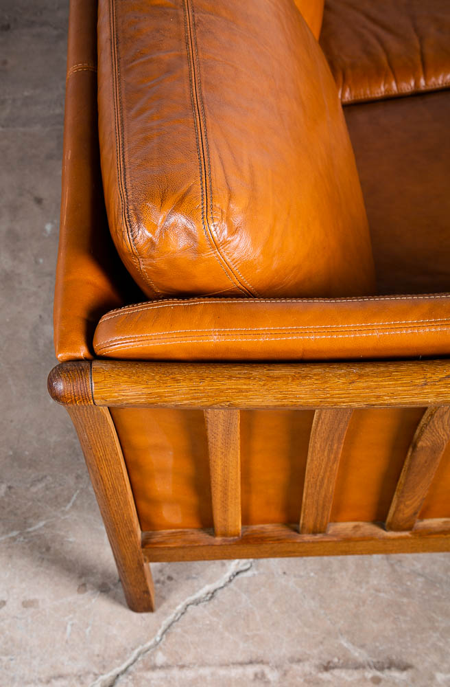 Mid Century Danish Modern Sofa 3 Seater Skalma Tan Leather Cognac Couch Oak Wood - Image 7