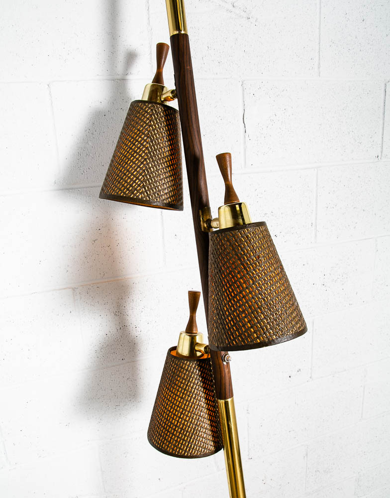 Mid Century Modern Floor Lamp Tension Pole 3 Light Wood Shades Mcm Brass M - Image 5