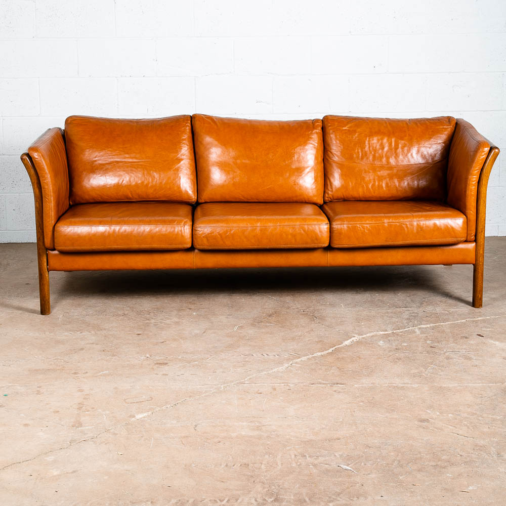 Mid Century Danish Modern Sofa 3 Seater Skalma Tan Leather Cognac Couch Oak Wood - Image 2