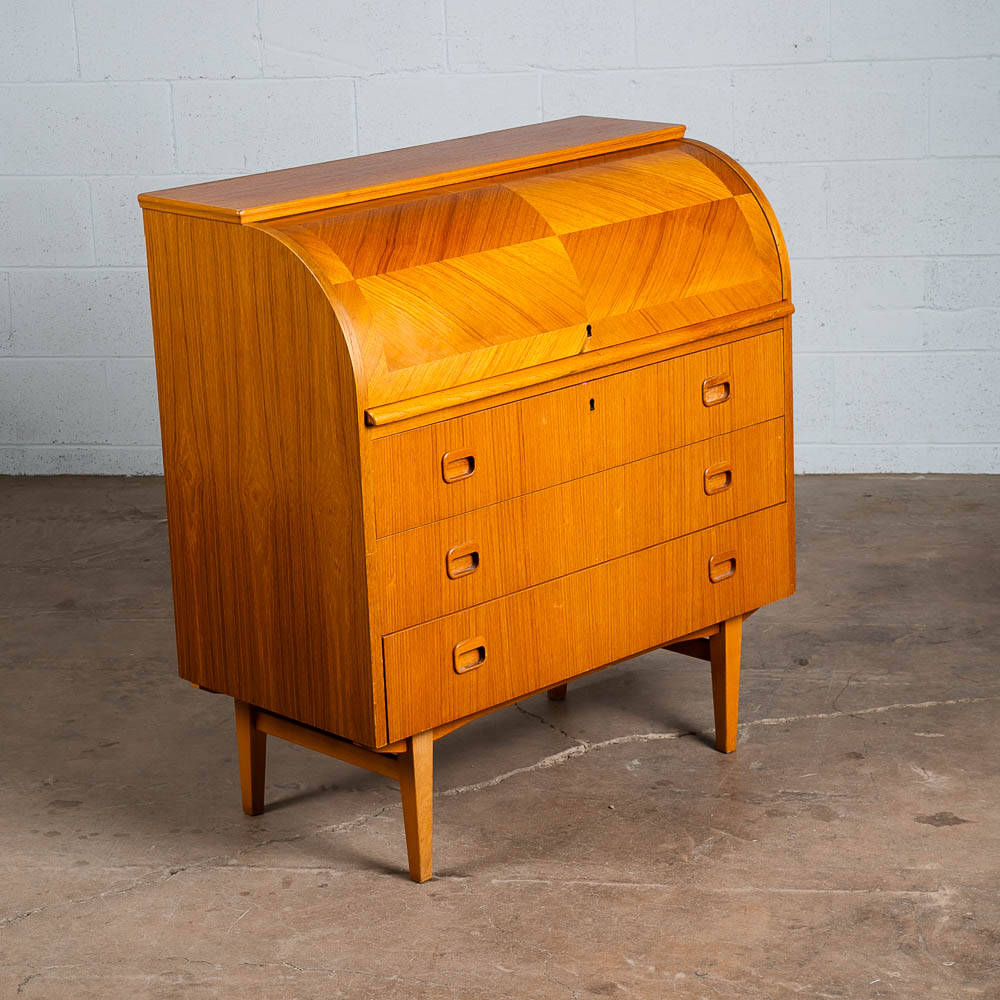 Mid Century Danish Modern Desk Rolltop Secretary Teak Wood Denmark Vintage Legs