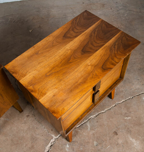 Mid Century Modern Nightstands End Table Set Side Bassett Mayan 2 Drawers Walnut - Image 9
