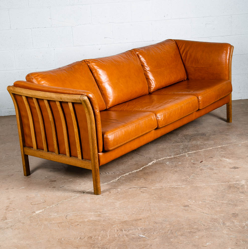 Mid Century Danish Modern Sofa 3 Seater Skalma Tan Leather Cognac Couch Oak Wood - Image 8