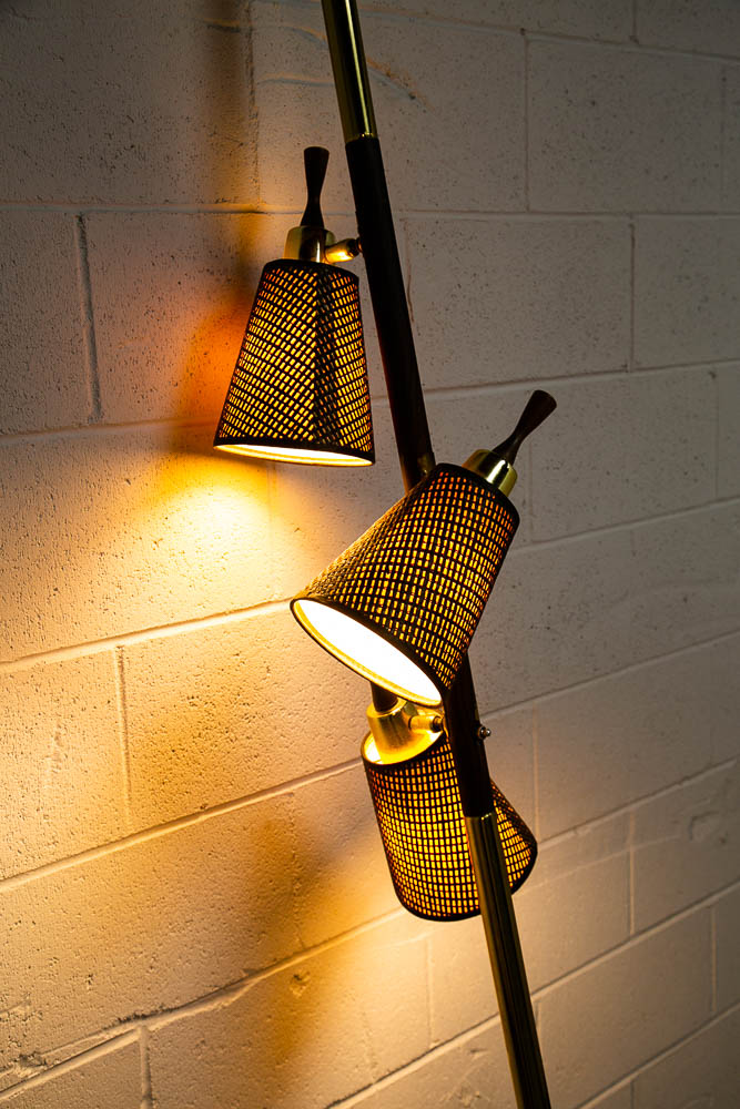 Mid Century Modern Floor Lamp Tension Pole 3 Light Wood Shades Mcm Brass M - Image 12