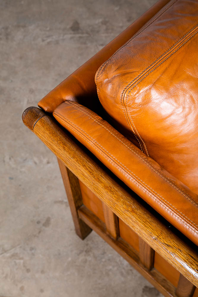 Mid Century Danish Modern Sofa 3 Seater Skalma Tan Leather Cognac Couch Oak Wood - Image 6